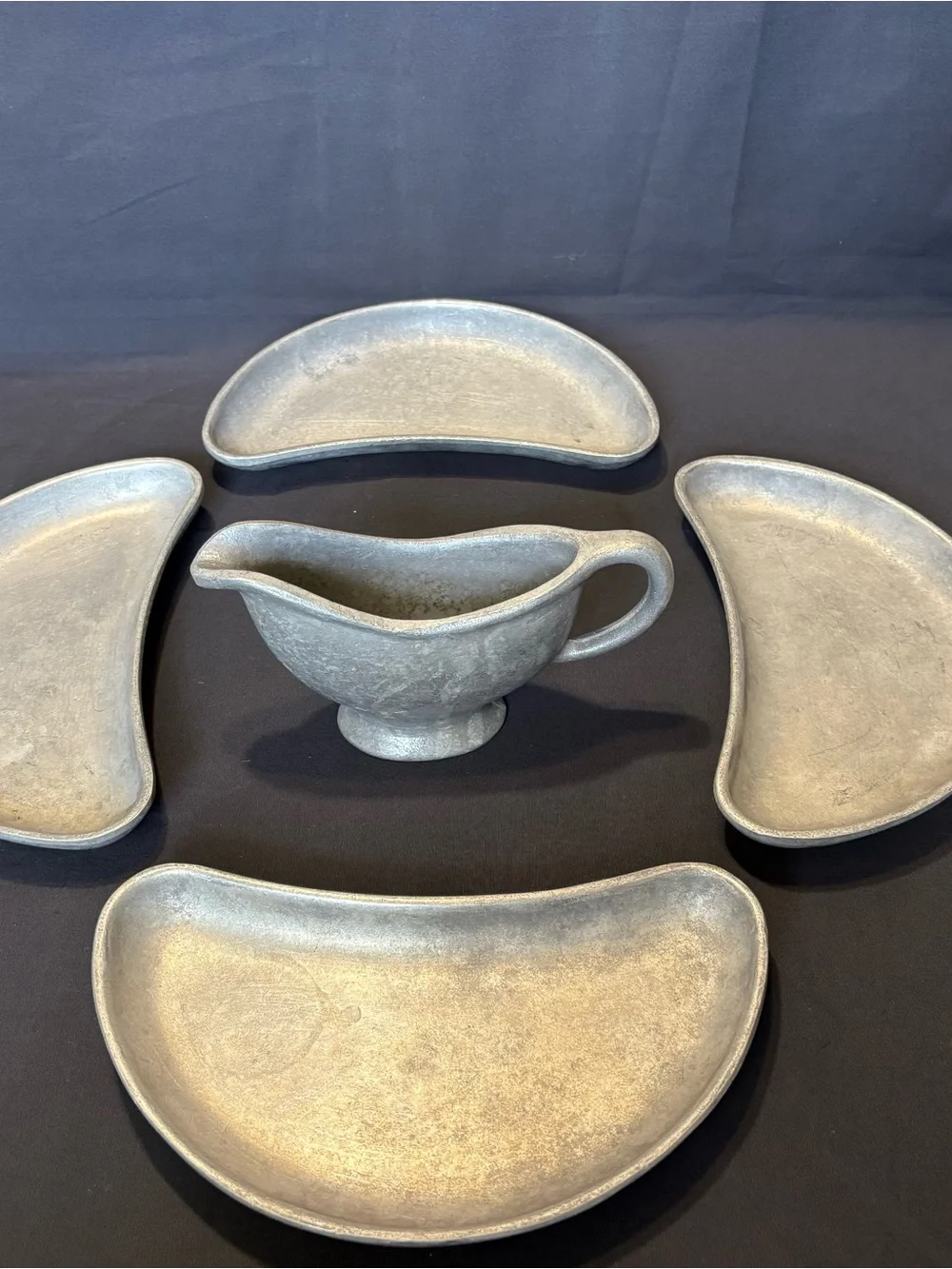 Bon Chef Augusta, N.J. Pewter Gravy Boat with 4 Crescent-shaped Serving Dishes